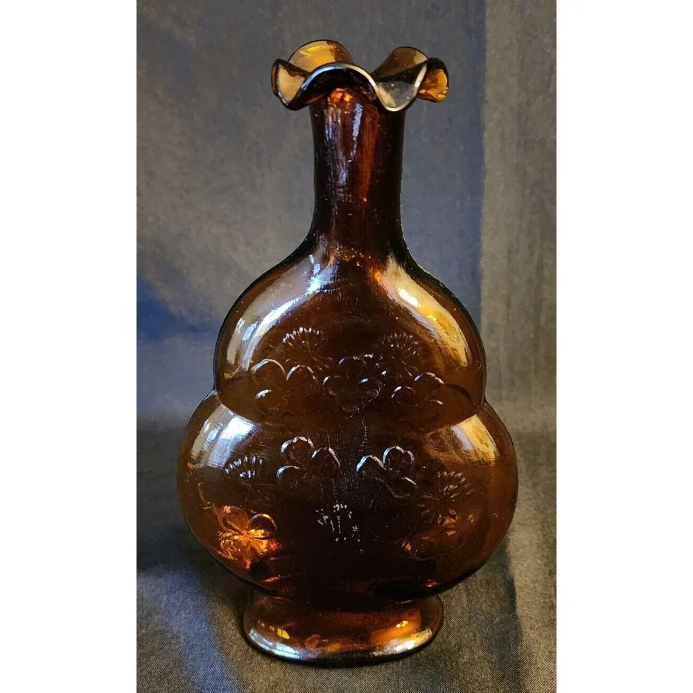 Vintage Amber Glass Bottle Vase Ruffled Mouth with Shamrock Clover Design - Picture 1 of 6